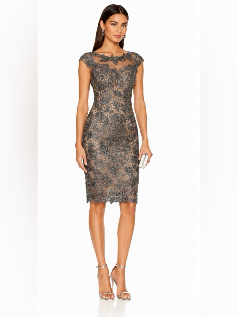 Mac Duggal Gray Lace Midi Sheath with Illusion Neckline